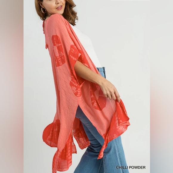 Nwt Umgee Circle Tie Dye Red Open Kimono String Tie Ruffle Hem, XL-1X - Picture 5 of 5